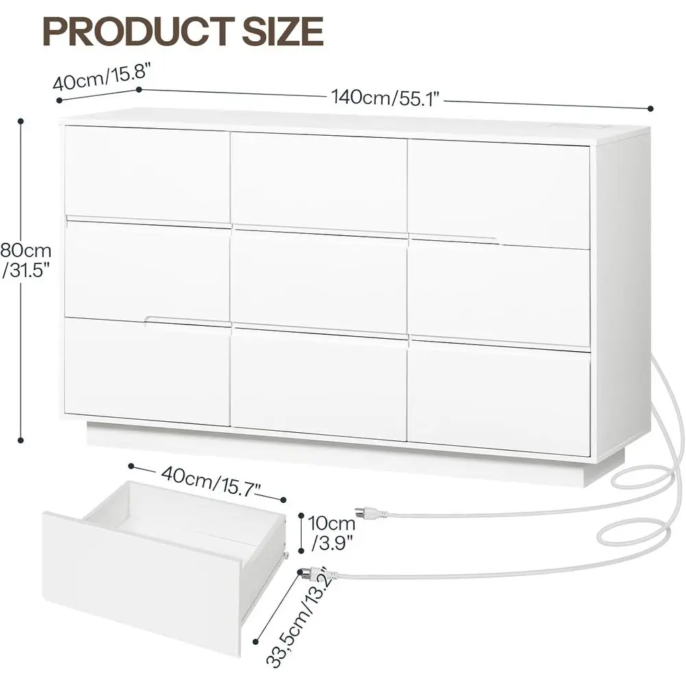 55 White Dresser with Charging Station, LED Light, and Organizer for Bedroom, Living Room, Hallway