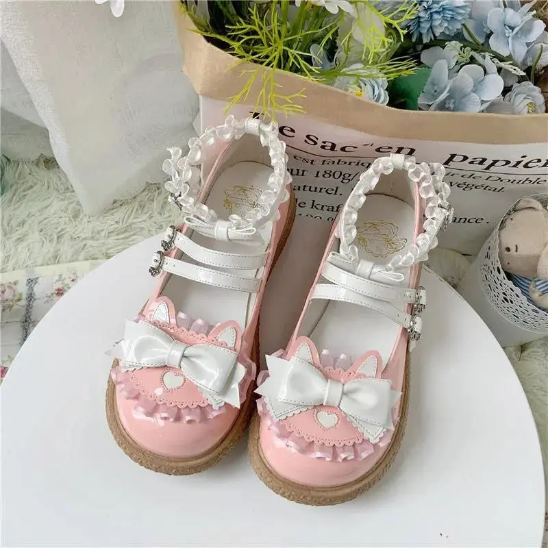 Comemore Kawaii Girls Lolita Shoes Fashion Japanese Style PU Leather Mary Janes Bowknot Lovely Heart Buckle Solid Loafers Shoes