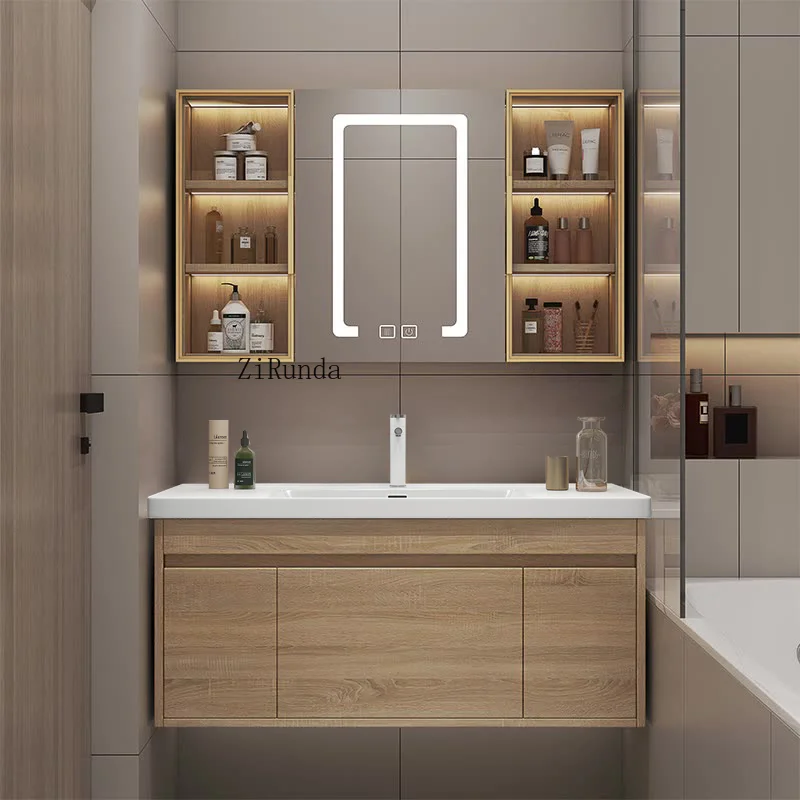 Bathroom Locker with Sink Modern Solid Wood Bathroom Vanity Light Emitting Diode Mirror Custom Bathroom