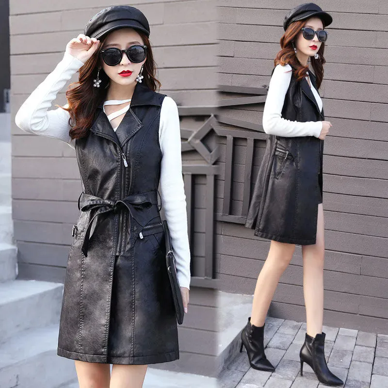 Autumn Winter Leather Vest Women Mid-length Slim Add Cotton Washing Pu Leather WaistcoatLeather Windbreaker Coat Match Belt