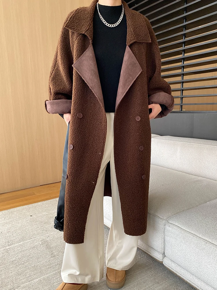 DEAT Fashion Women's Integrated Fur Coat Lapel Loose Double Breasted Sashes Imitation Lamb Fur Overcoat Winter 2024 New 7AB6203