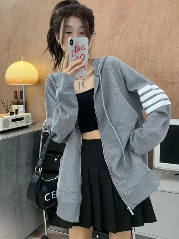

Korean Style Hooded Zipper Sweatshirt Jacket Women's Loose Casual Slimming Versatile Open Cardigan Top Trendy Spring Autumn