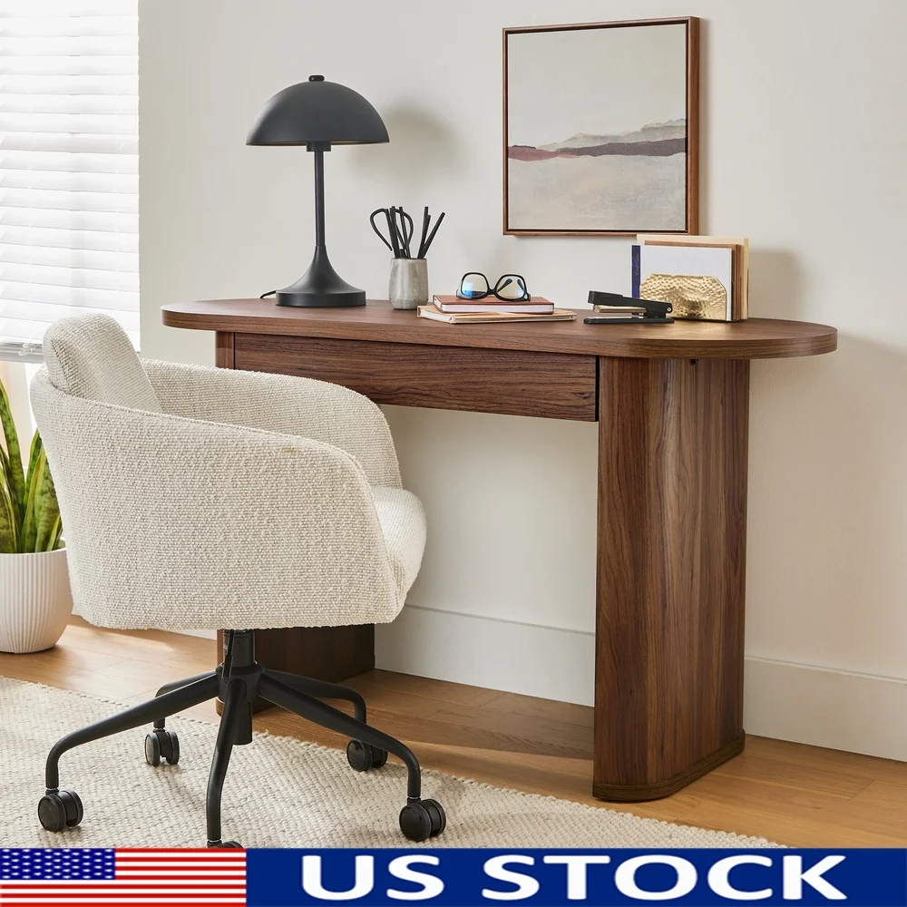 

Современный овальный письменный стол с большим центральным ящиком. Мягкое закрытие. Прочная конструкция. Стильные изогнутые ножки. Идеальный дом.