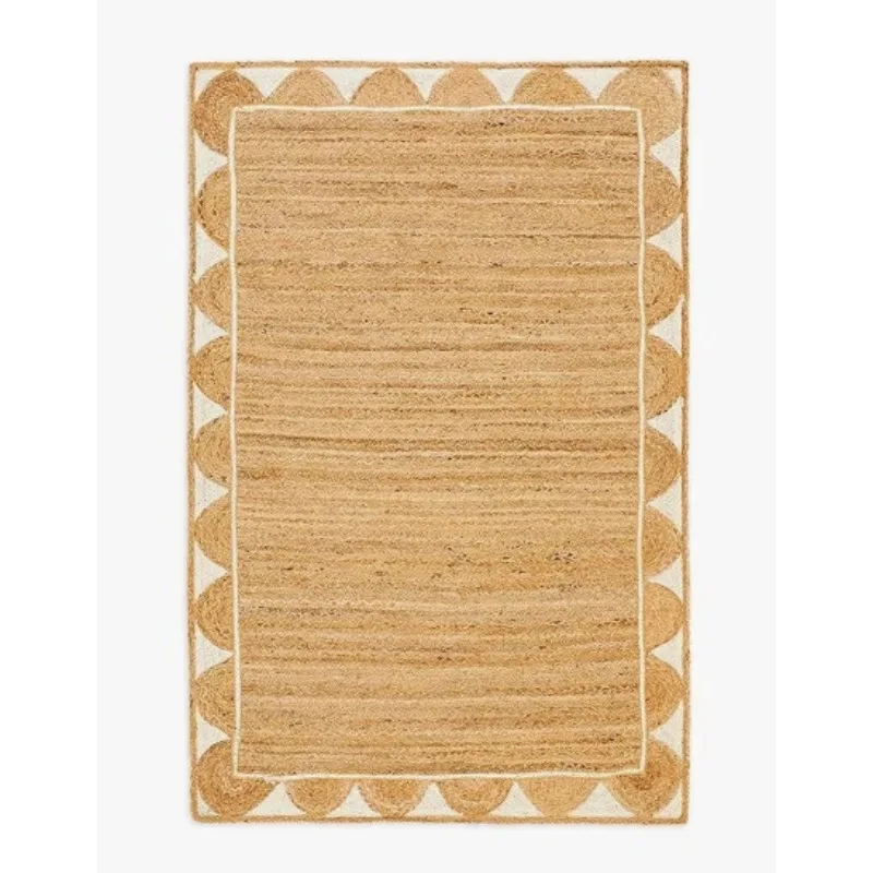 Rug Natural Jute Braided Style Scalloped Rectangle Carpet Modern Area Jute Rugs