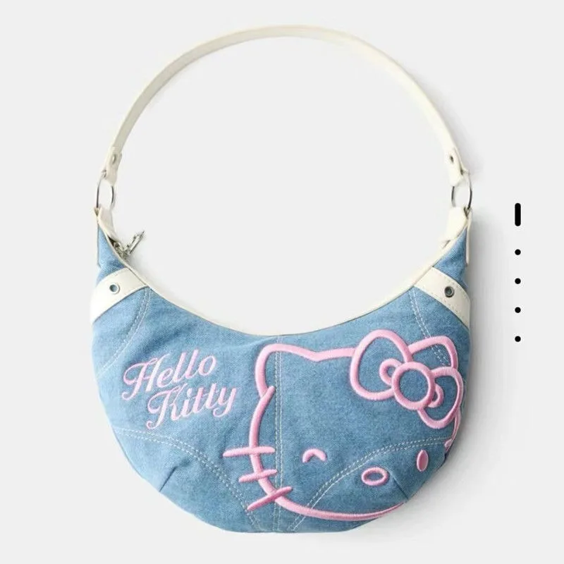 Bolsa MBTI Hello Kitty Denim Vintage para Mulheres, Bordado Bonito, Moda Cartoon, Bolsa de Ombro, Casual Feminina, Bolsa de Axila Diária, Nova