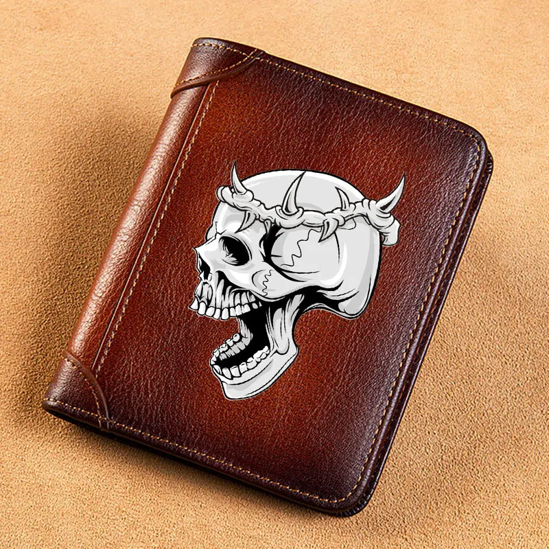 

Classic Demon Skull Genuine Leather Wallets for Men Vintage Thin Short Multi Function ID Credit Card Holder Money Bag BK3952