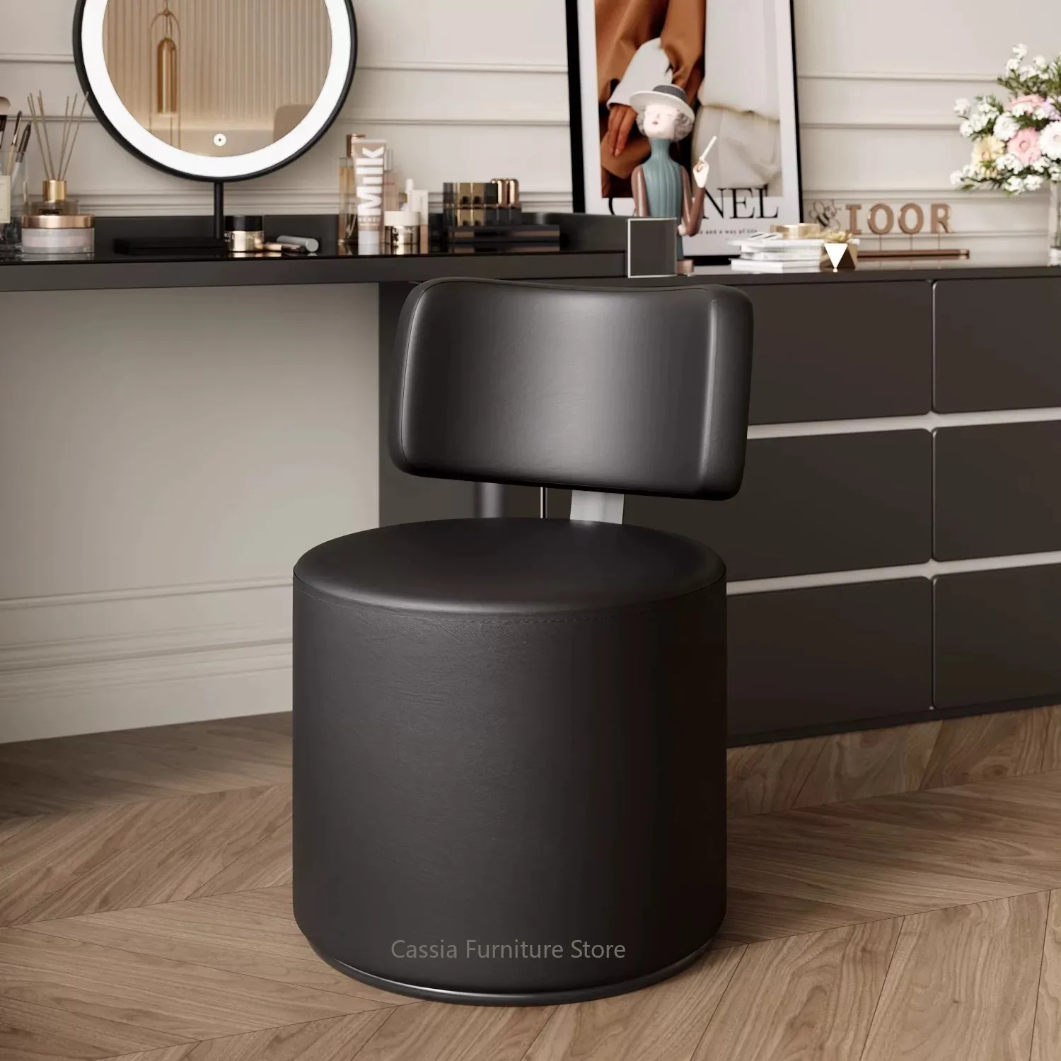 Minimalist Light Luxury Swivel Velvet Vanity Stool with Backrest for Bedroom, Makeup Chair