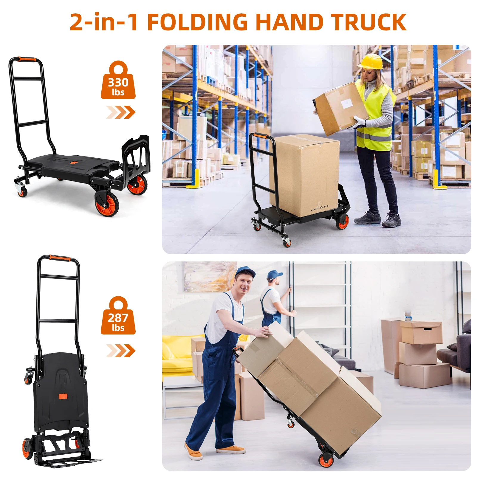 Folding Hand Truck, 330 Lbs Capacity Heavy Duty Dolly Cart, 2 in 1 Convertible Hand Cart with 4 Wheels and 2 Elastic Ropes