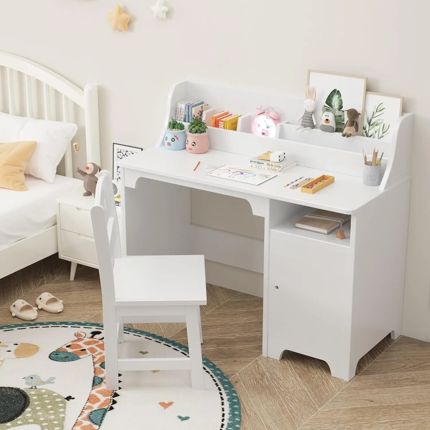 Kids Desk and Chair Set, Wooden Children Study Table with Hutch, Storage Cabinet, Student Writing Desk Computer Workstation, Stu