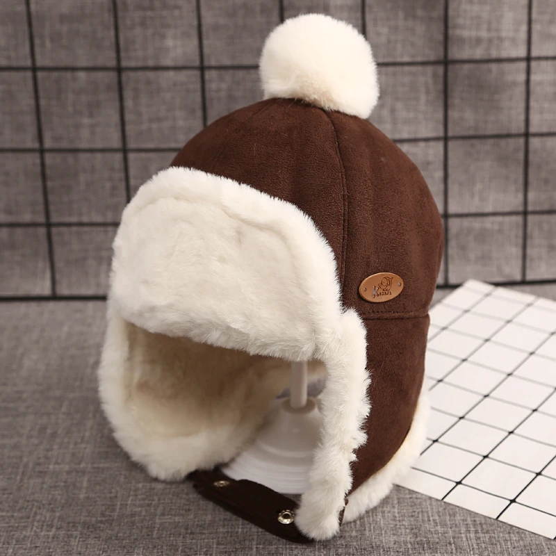 Winter Children\'s Warm Hat For Boys And Girls Thick Plush Ear Protection Lei Feng HatDark Coffee