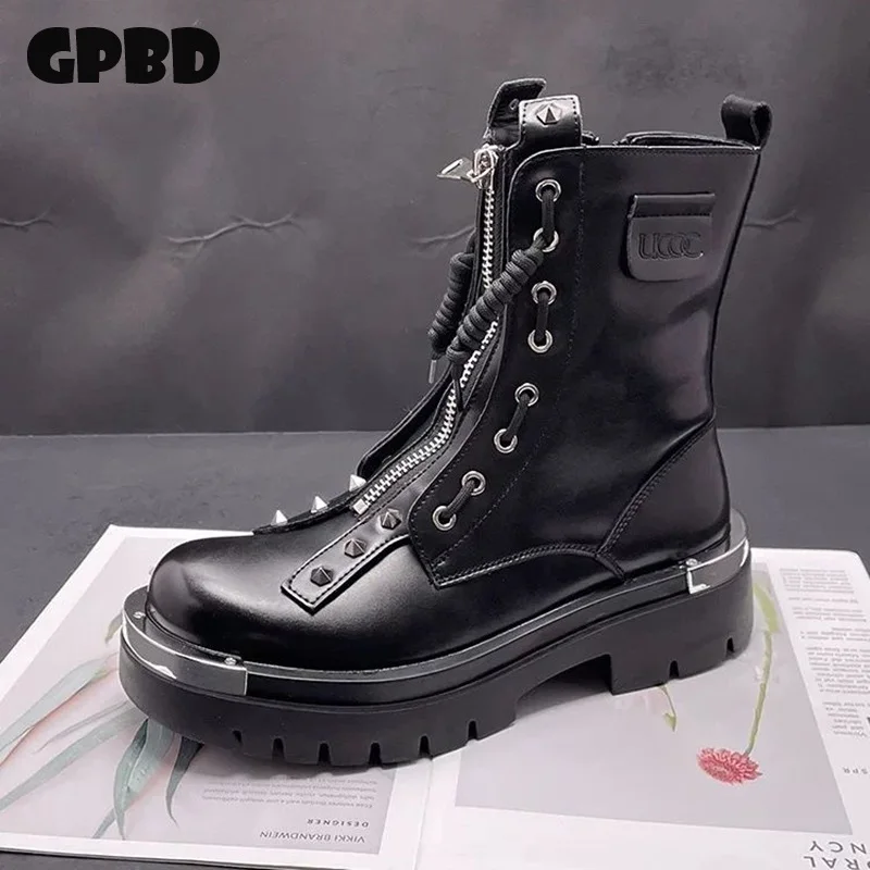 GPBD Knight Boots Men Thick-Topped British Style Autumn 2025 Mid-Calf Ankle Boot with Chelsea Cap and High-Heel Leather Boot