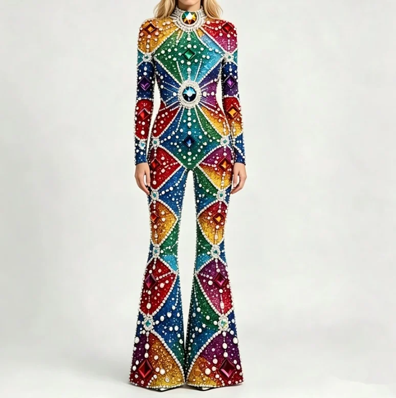 Weihnachts-Overall für Damen mit ausgestelltem Bein, Candy Cane- und Schneeflockenmuster, Glockenbein-Design, Totenkopf-Bodysuit, Halloween-Weihnachts-Clubwear, Partykostüm – Detail 5