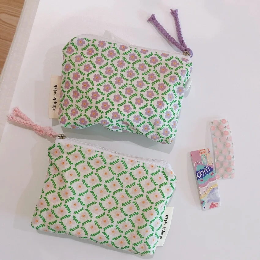 Petit sac cosmétique fleur pour femme, mini tissu en coton, trousse de toilette de maquillage de voyage, petit sac à main femme coréen, étui à fermeture éclair pour poudres à monnaie