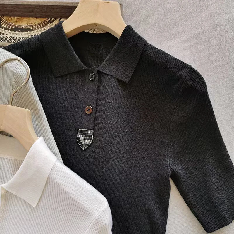 Silk merino wool blend knitted thin slim polo shirt