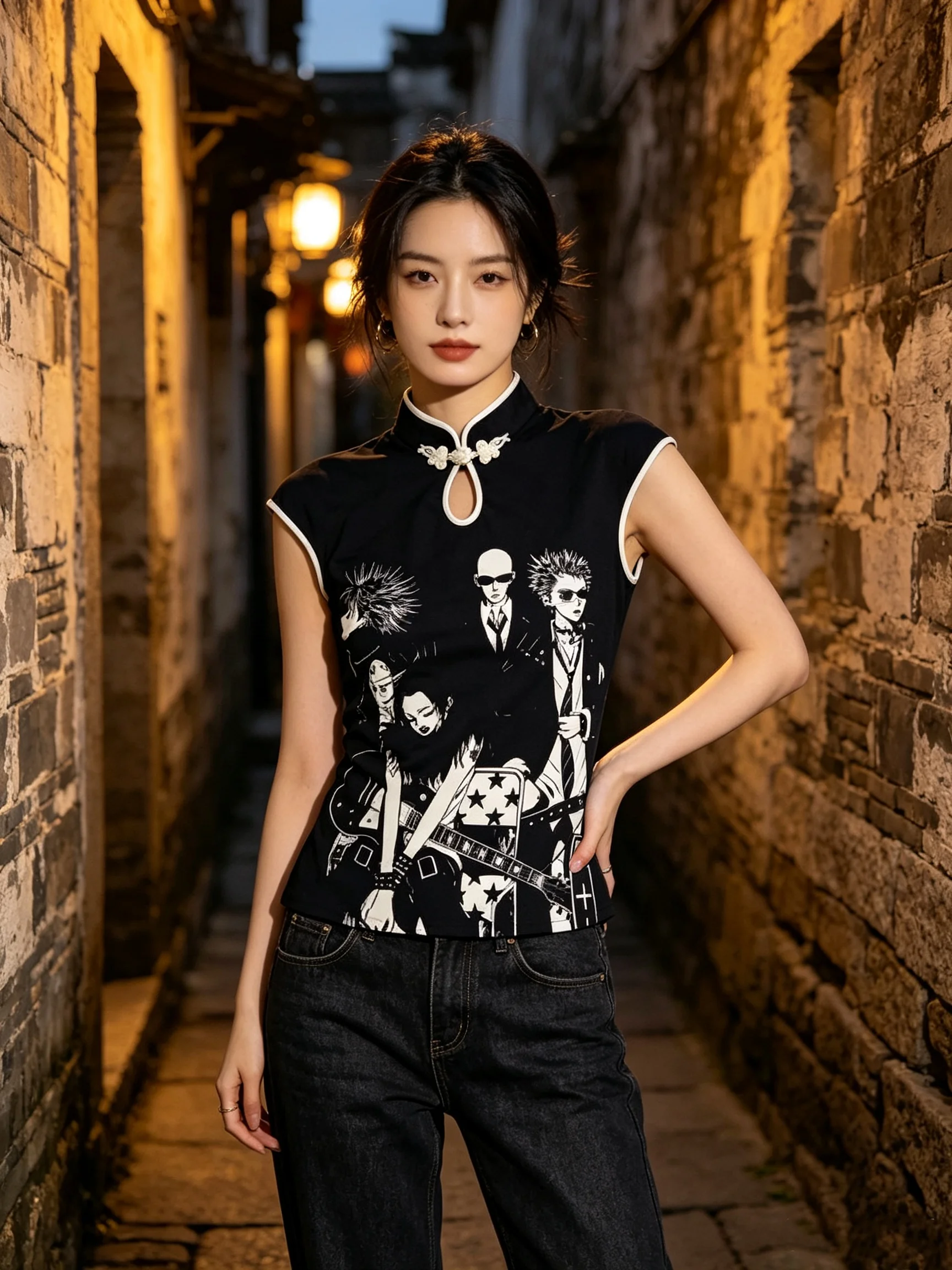 Dark retro buckle design with anime printing and improved cheongsam stand up collar short sleeved T-shirt