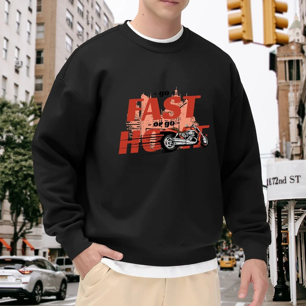 

Men's Black Crew Neck Pullover Sweatshirt with Motorcycle Letter Print, Loose Fit Top, Street Fashion Casual Style, Versatile and Comfortable for Everyday Wear and Sports