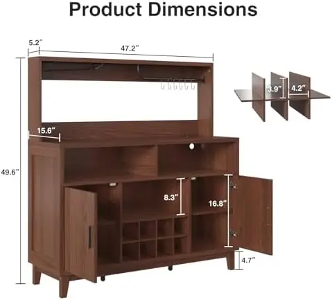 Fluted Buffet Cabinet with Storage, Modern Coffee Bar Cabinet with Outlet, Removable Wine Rack, Multi-Functional Accent