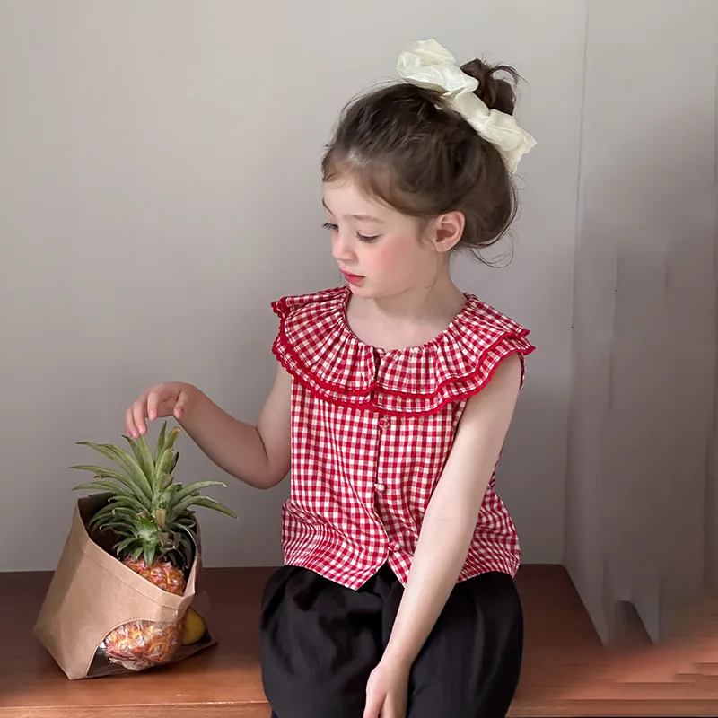 

Girls Sweet Doll Lace Collar Vest 2025 Summer Children's Korean Version Short Plaid Sleeveless Top