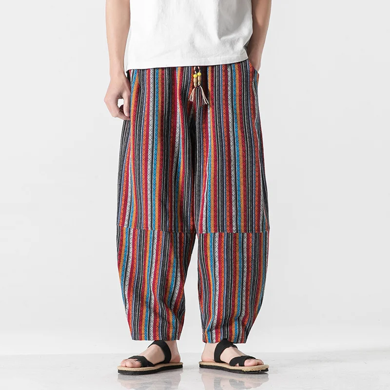 Chinese Traditional Dress Plus Size Striped Harem Pants Men Clothing Thai Beach Bloomers Oversized Casual Trousers Baggy Pants