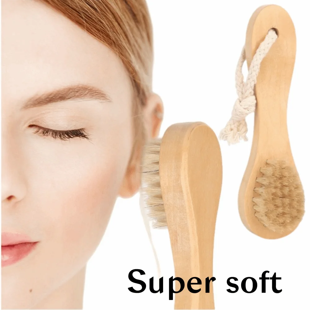 Cepillo de limpieza Natural de 5,7 ", mango de madera con cordón, cepillo de baño, cepillo exfoliante suavizante Facial seco, cuidado de la piel