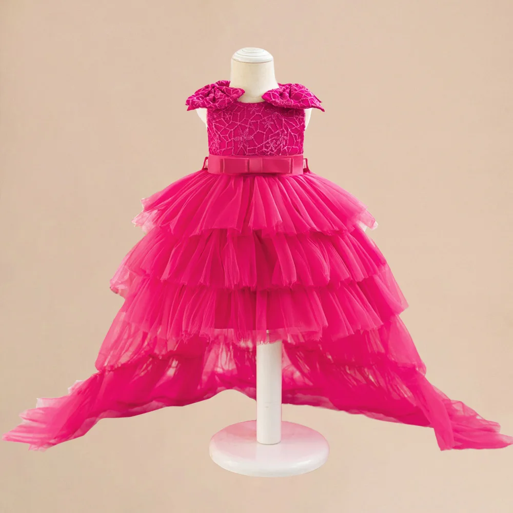 Baby Girl Fancy Trailing Tail Princess Dress Toddler Girls Bow 1st Birthday Tutu Dresses Kids Hot Pink Layered Clothes New Wear