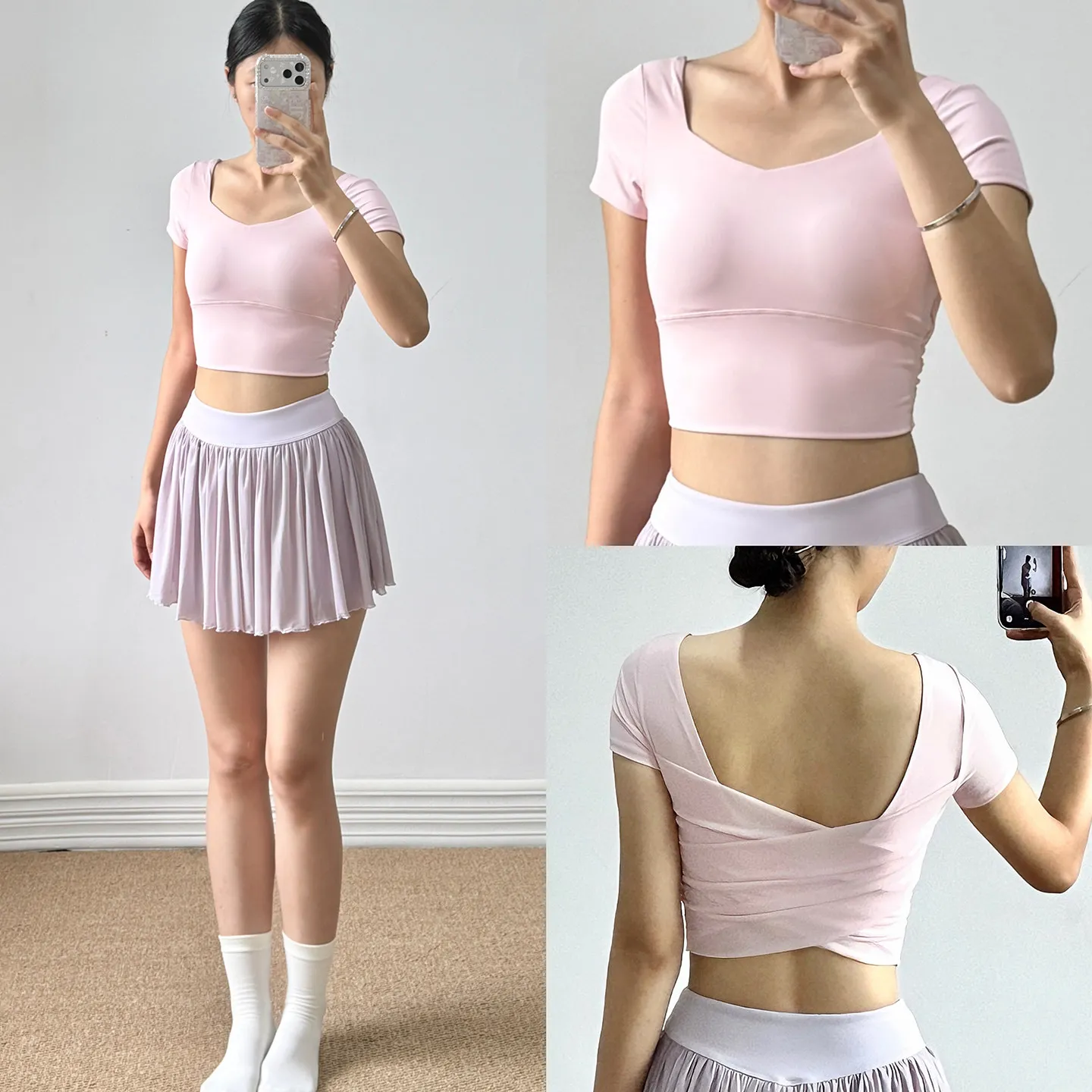 Mesh Back Yoga Tank Top for Women with Fixed Cup Short Sleeve Pilates Training Fitness T-Shirt