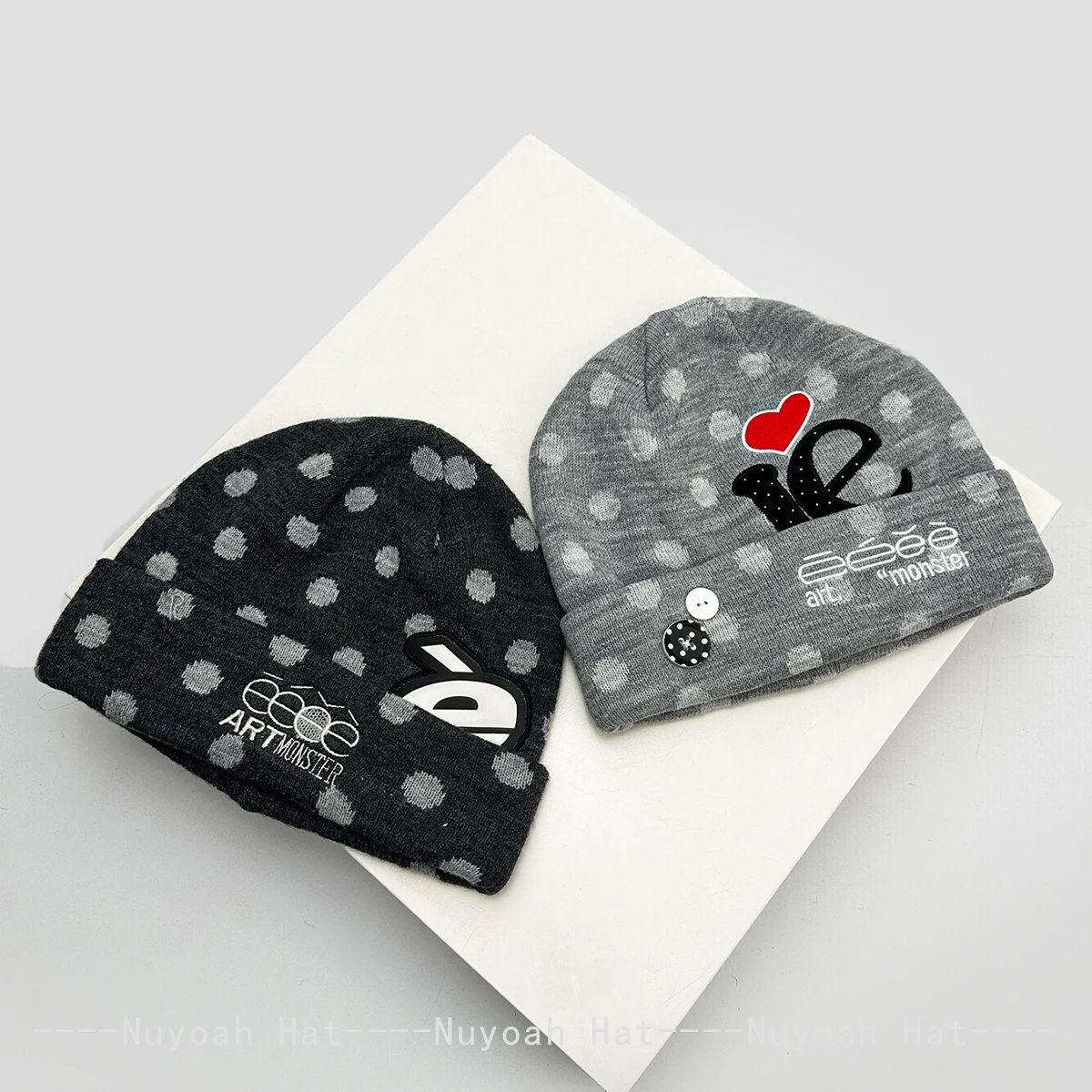 New Men Women Polka Dot Letter Love Embroidery Button Knitted Hats Warm Personal Versatile Korean Beanies Niche Fashion Retro 3