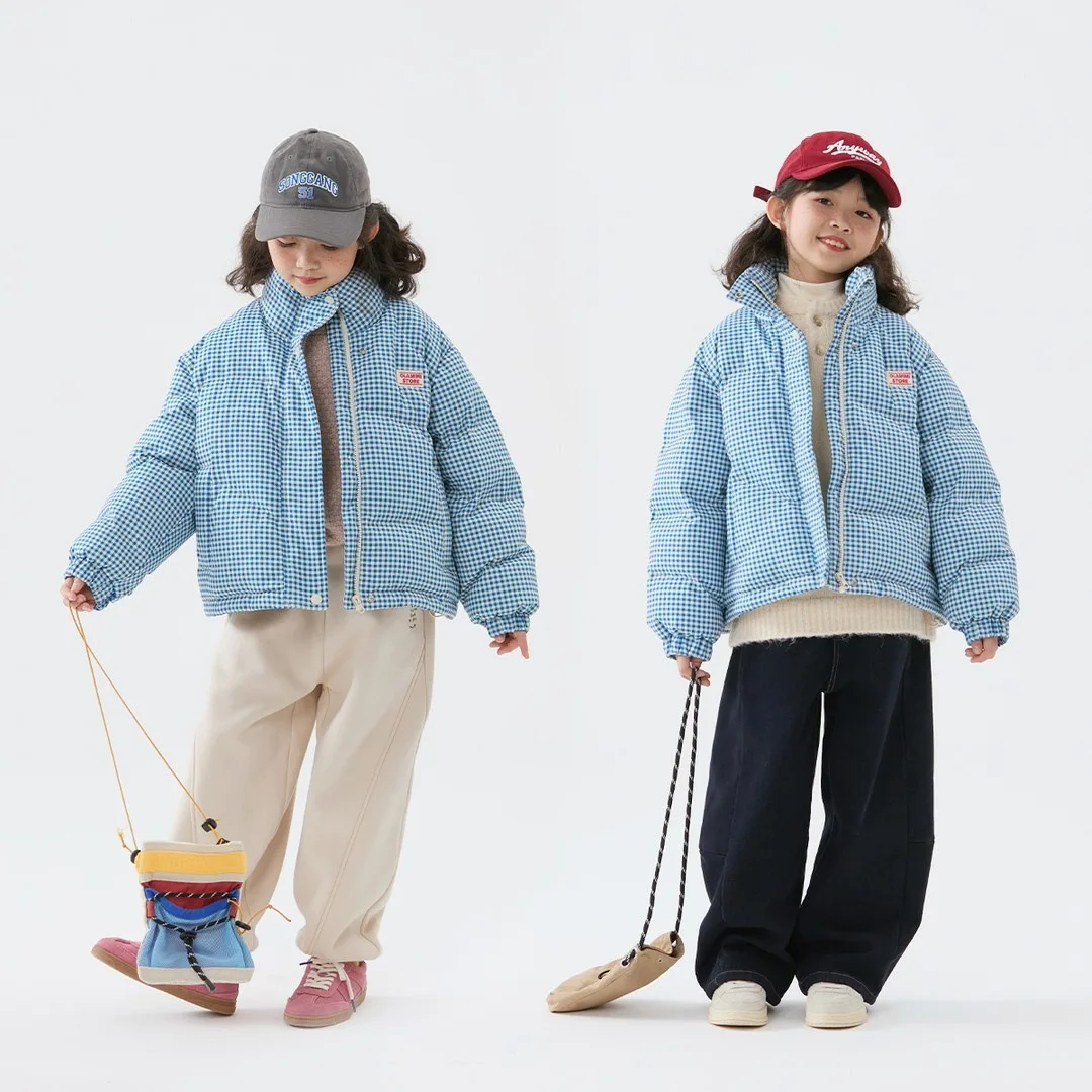 RAISE Winter Children Girls Plaid Parkas Blue Stand Collar Thick Warm Teens Girls Outerwear Sticker Zipper Jacket For 4-14Y Girl
