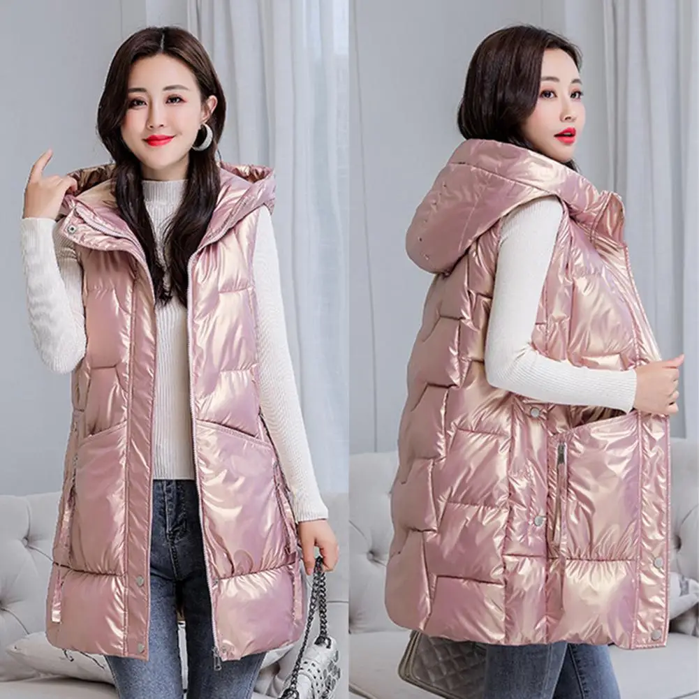 Simple Puffer Vest  Buttons Zipper Placket Thickened Down Waistcoat  Women Warm Sleeveless Long Type Hooded Jacket