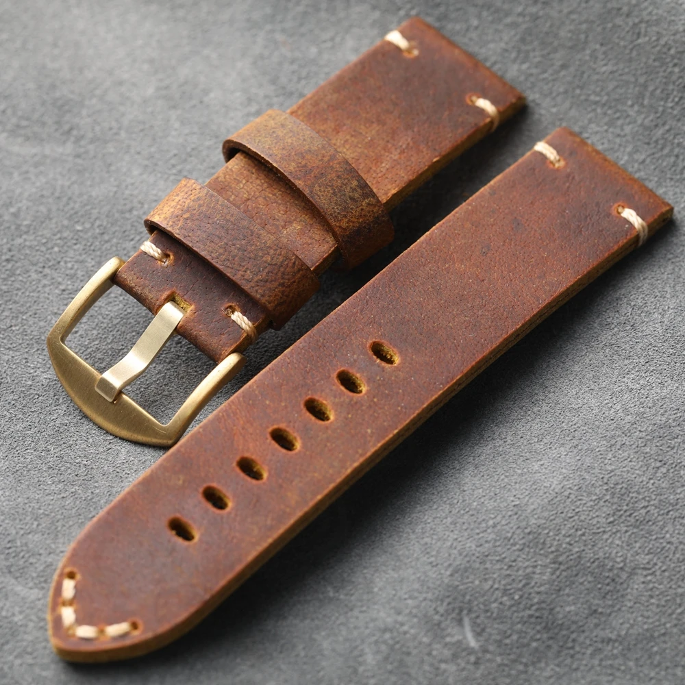 Handmade Thickened Genuine Leather Watch Band, Bronze Watch Accessories 24MM 22MM 20MM Brown Vintage Men\'s Thickened Bracelet