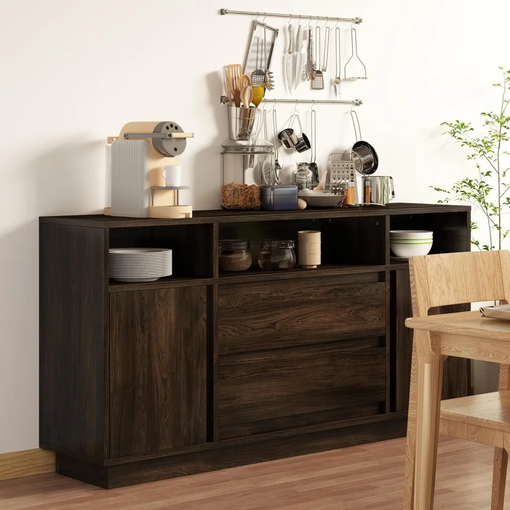 

63" W Buffet Cabinet with Large Storage, Mid-Century Modern Kitchen Sideboard with Doors & Drawers, Farmhouse Wood Coffee Bar