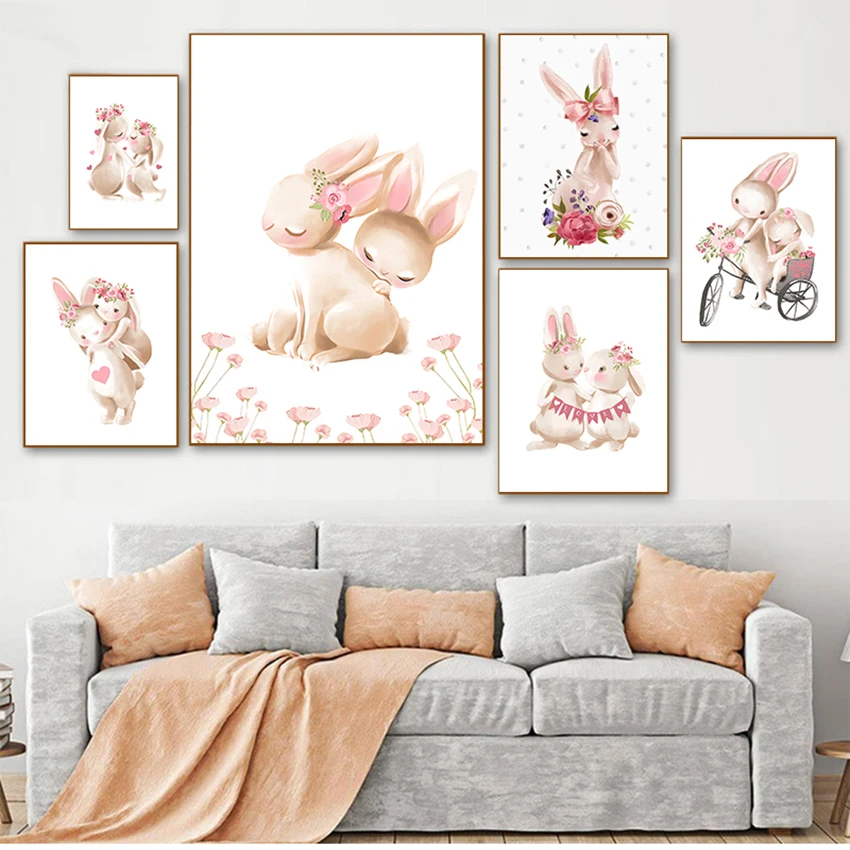 Pink Flowers Cartoon Picture Girl Baby Room Decor Bunny Poster Paintings Animals Nursery Wall Art Print Rabbit Canvas Painting