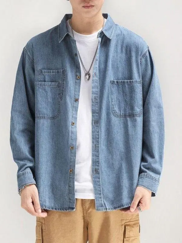 

Men's Denim irt Casual Loose Fit Pure Color Autumn Spring New Sle Workwear Jaet Trendy Brand Children's Busin ort ...