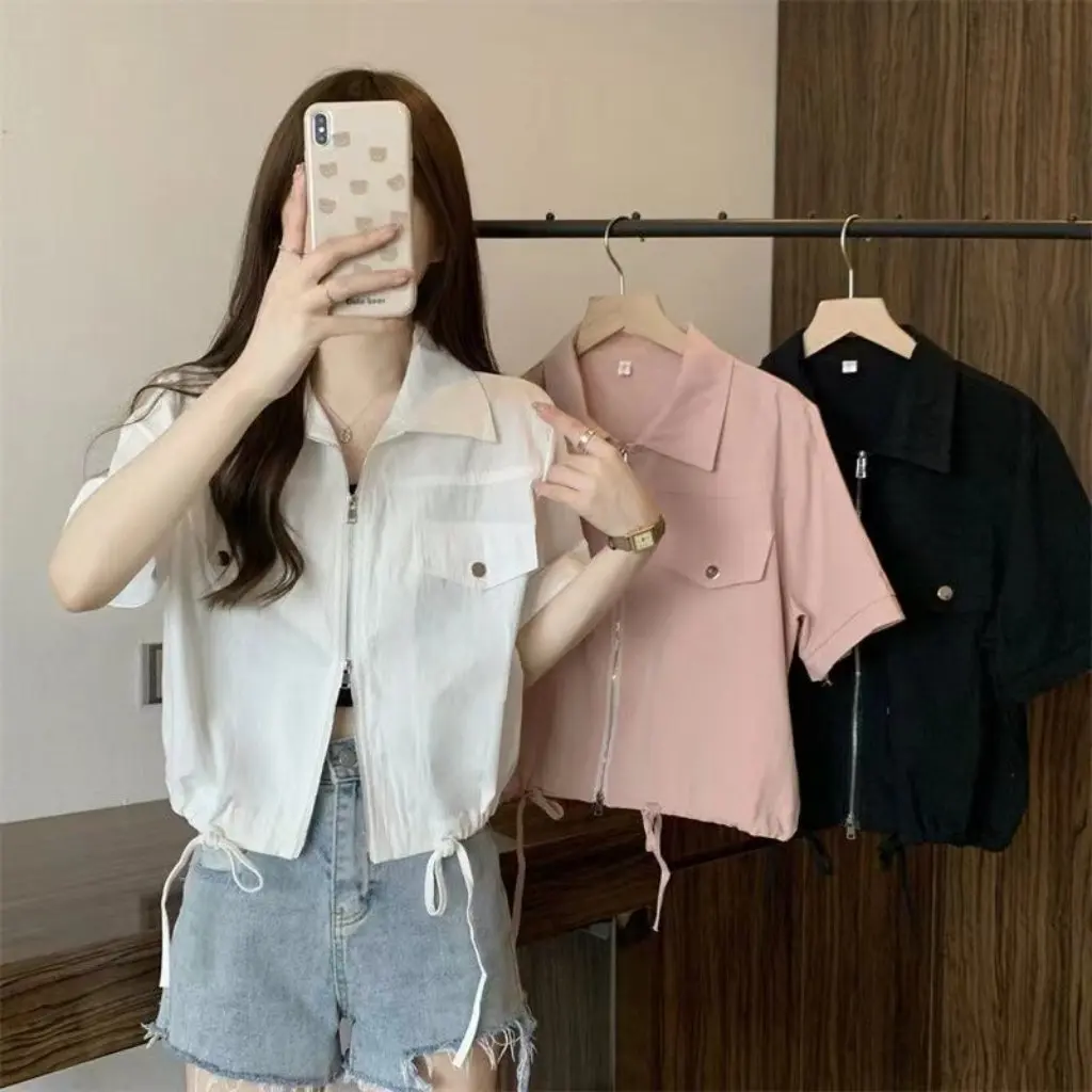 

Women's Summer Short-Sleeved Shirt Korean-Style Drawstring Lace-Up Zipper Top Loose Fit Sense New Tooling Design