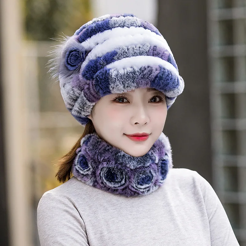 New Women Winter Knit Real Rex Rabbit Fur Hat Scarf Sets Natural Warm Fur Cap Scarves 2 Pieces Girl Quality Real Fur Hat Muffler