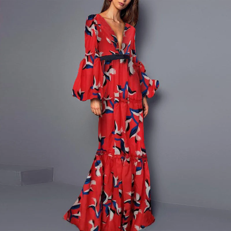 Women Elegant Party Long Dresses 2023 Sexy Deep V Flower Print Robe Dress Vintage Lantern Sleeve Pleated Bohemian Dress Vestidos