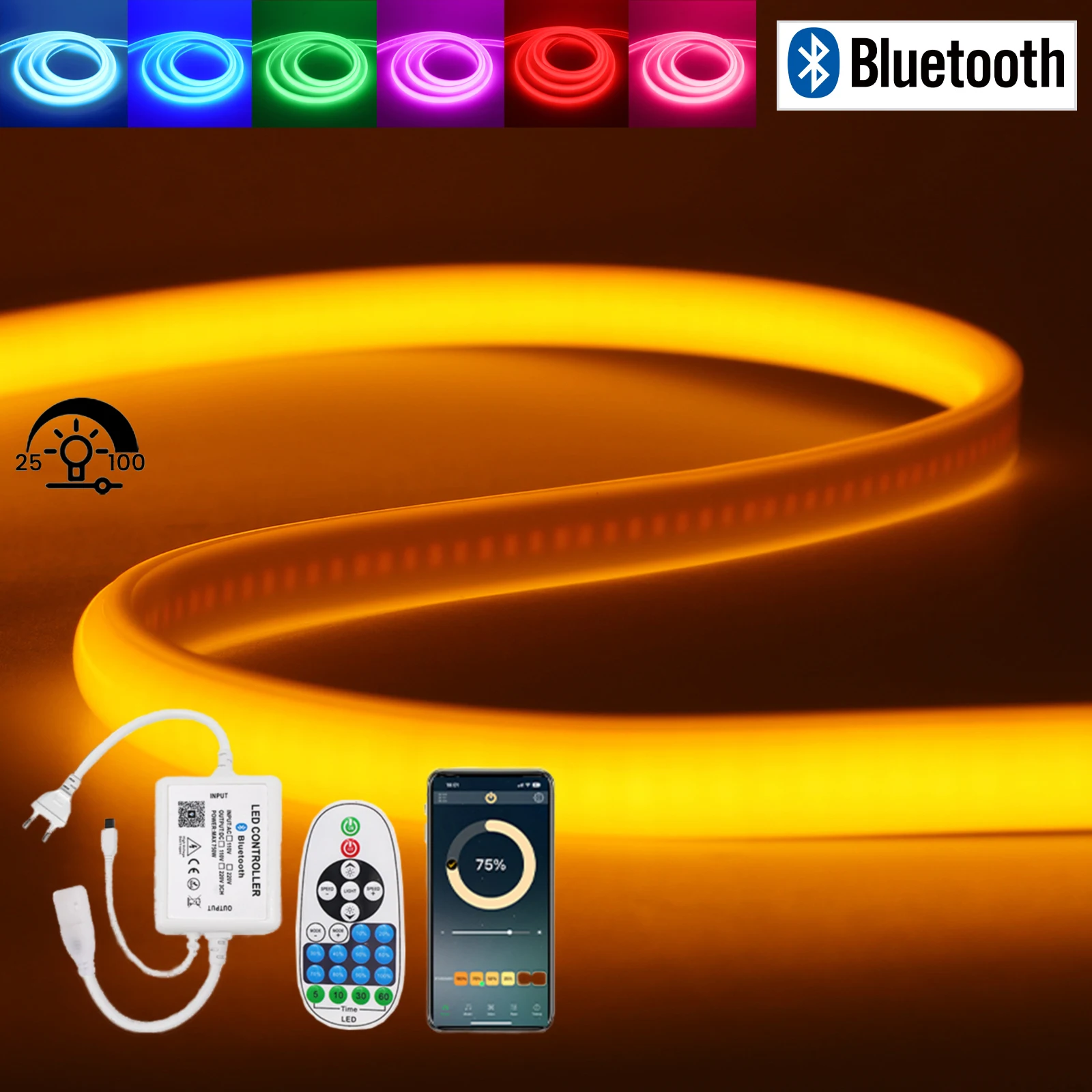 

220 В светодиодная лента COB с регулируемой яркостью, неоновый свет, 288 светодиодов/м, водонепроницаемая гибкая лента с приложением Bluetooth/дистанционным управлением, лампа для спальни с питанием от ЕС