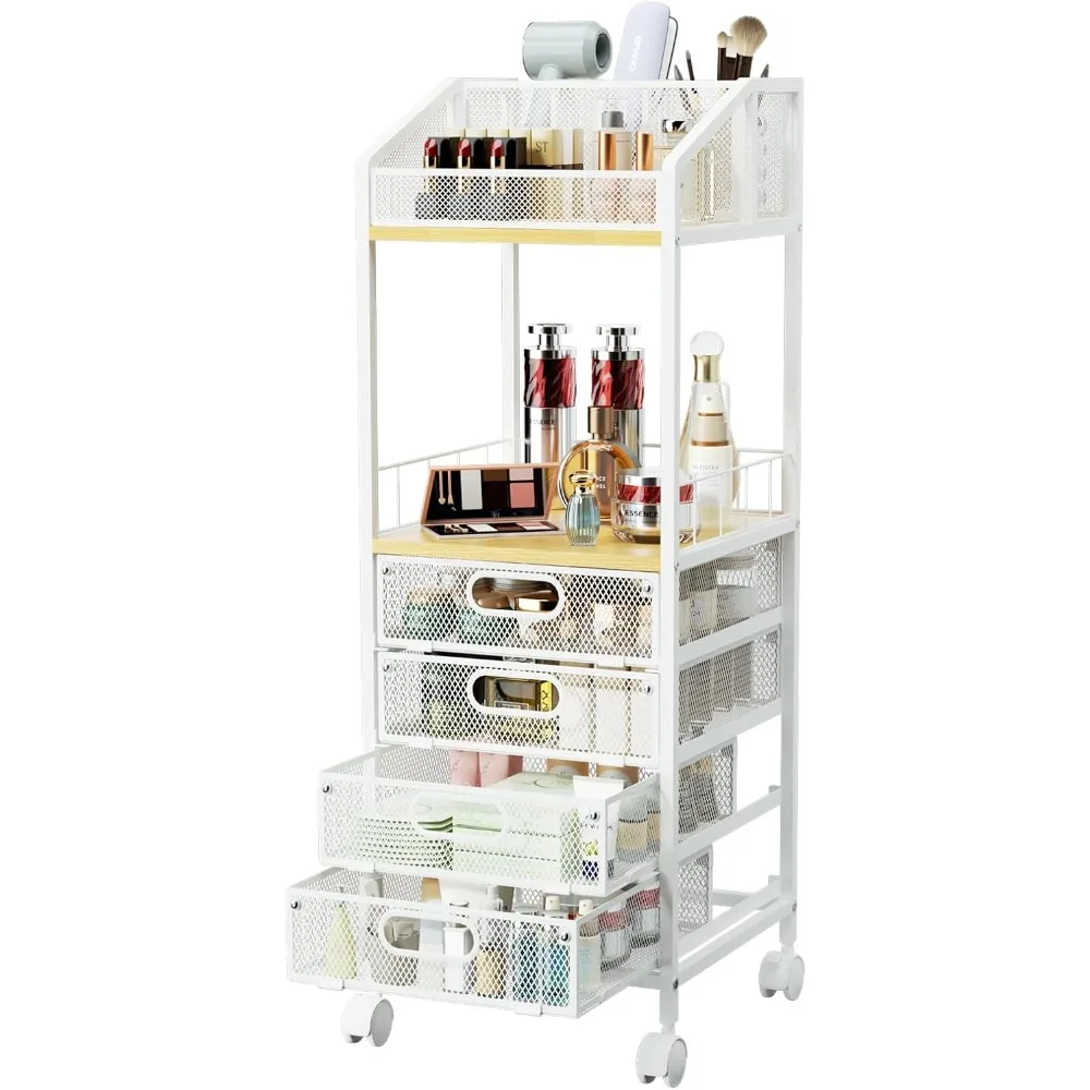 

HapiRm Makeup Organizer Storage Cart - Floor Skincare Make Up Storage with 4 Drawers, Rolling Makeup Cart Vanity Organizer