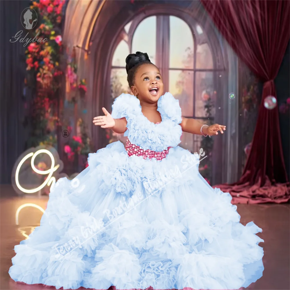 Luxury Kids Birthday Party Dresses Light Blue Baptism Ruffles Flower Girl Dresses For Wedding Baby Photoshoot Gowns