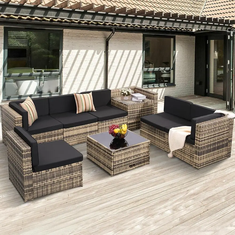 

8-Piece Outdoor Rattan Patio Sectional with Glass Table, Storage, 7 Sofas, Plush Cushions, Natural Wicker with Black Accents