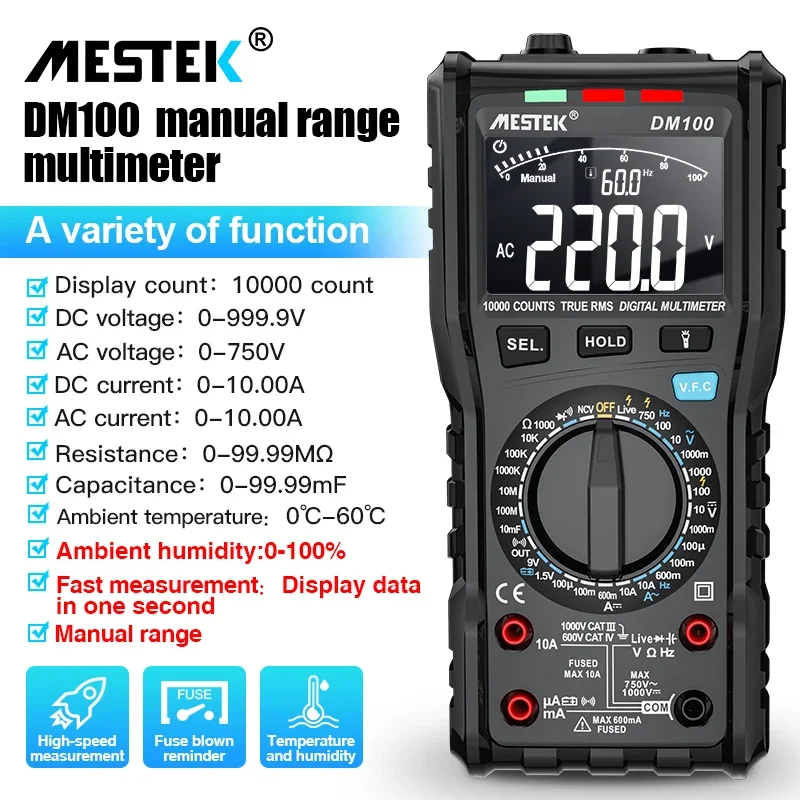 Multímetro Digital Alta Velocidade Inteligente Duplo Núcleo T-rms Ncv Temperatura Anti-queima Alarme de Fusível Multímetros Mestek-dm100c