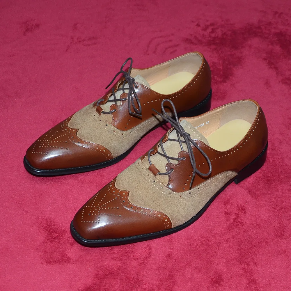 Retro Design Genuine leather Splicing Oxfords Mixed Color Carvings Male Brogue Shoes Wedding Business Dress Shoes for Men
