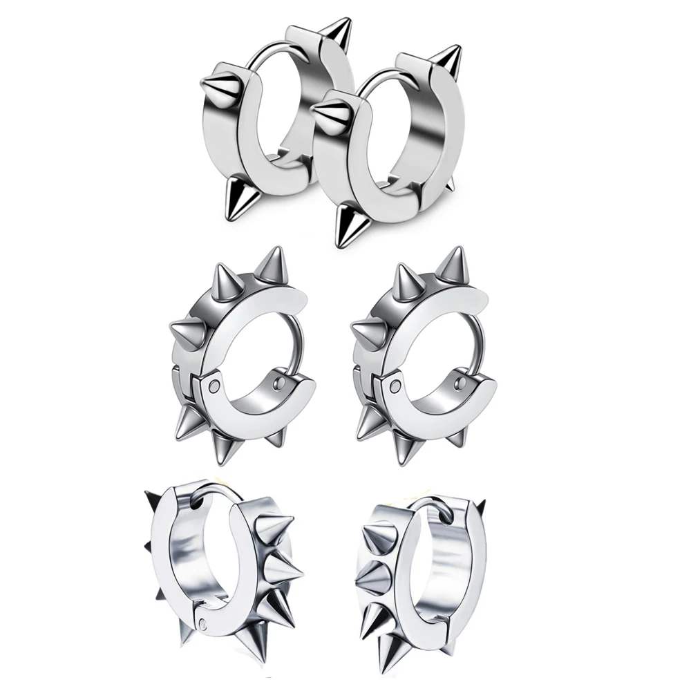 1 Pair/3 Pairs Men Women Punk Cool Stainless Steel Goth Rivet Awl Spike Huggie Piercing Hoop Earrings