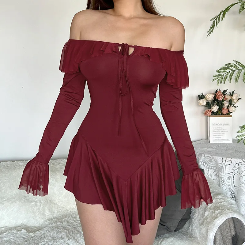 Minivestido Sexy con volantes y cordones para mujer, Vestidos de vacaciones con espalda descubierta y manga larga acampanada con cuello en V, Vestidos lisos para mujer 2024