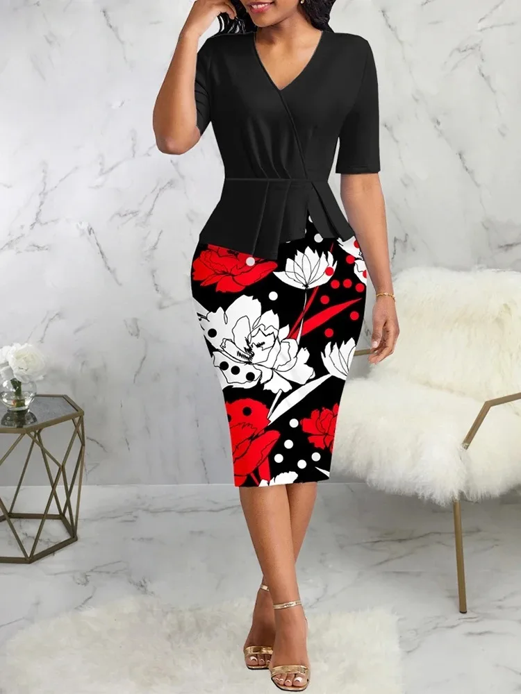 Sets Outifits 2023 New Floral Printed Short Sleeved V-neck Ruffled Dress Vestidos De Mujer Casual Elegant Midi Robe Female