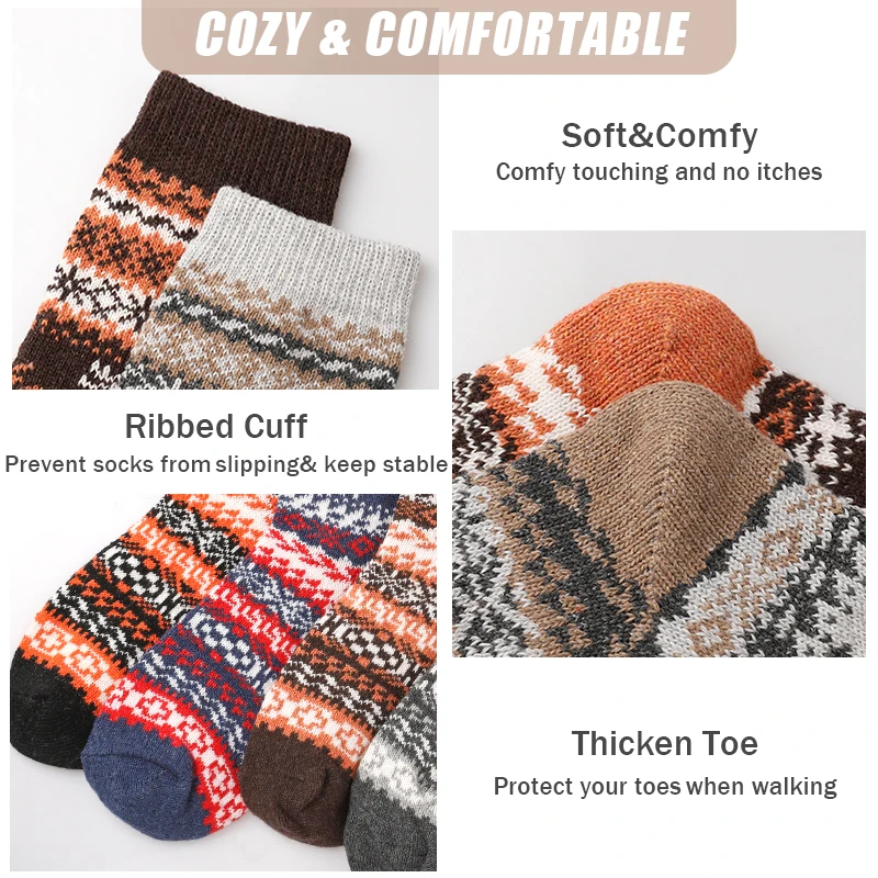 5 คู่ Nordic Snowflake Reindeer คริสต์มาสถุงเท้าผู้ชาย Retro ถักความร้อนถุงเท้าลูกเรือฤดูหนาว WARM Plush ถุงเท้าของขวัญความแปลกใหม่ร้านขายชุดชั้นใน