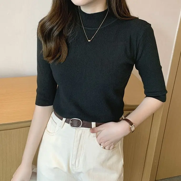 Half-high Neck Base Shirt Women\'s Spring Summer Inner Layer Mid-sleeve Slim Knit Sweater Top Half Sleeve Thin Sweater