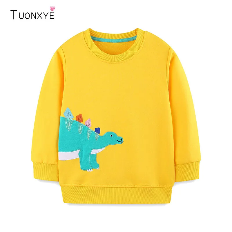 TUONXYE Boys Cotton Sweatshirt Cartoon Dinosaur Applique Long Sleeve Pullover Toddler Kids Casual Tops Children Clothing