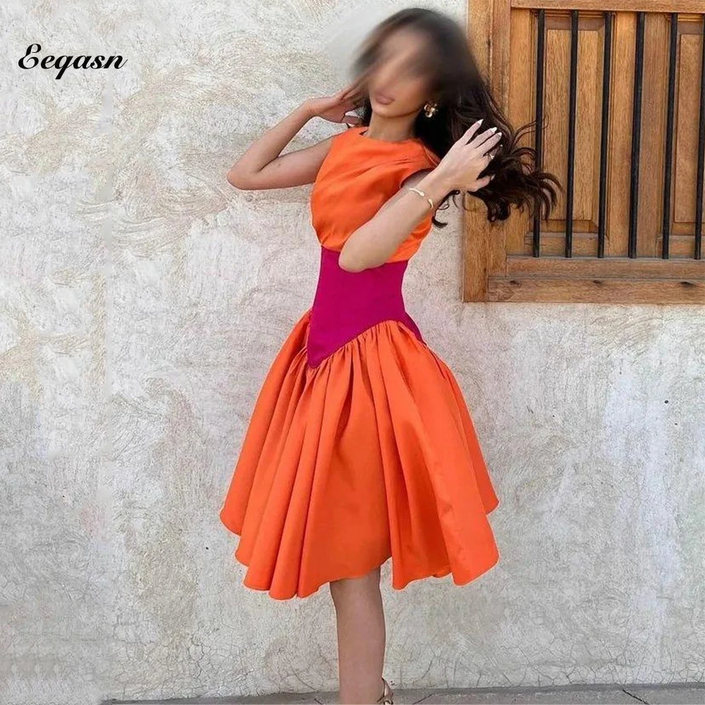 Customized Short Evening Prom Dresses Orange and Fuchsia Satin O Neck Vintage A Line Party Celebrity Prom Gowns Dubai Arabic