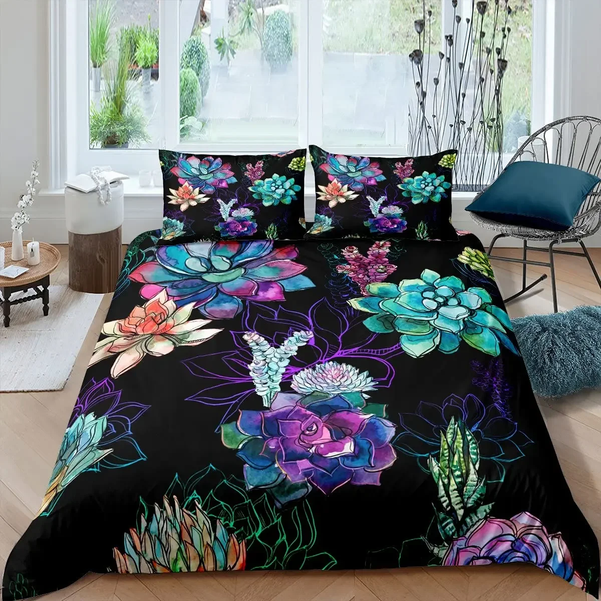 Different Succulent Plants Duvet Cover Set, Decorative 3 Pieces Bedding Set with 2 Pillow Shams, Queen Full Size, Multicolor